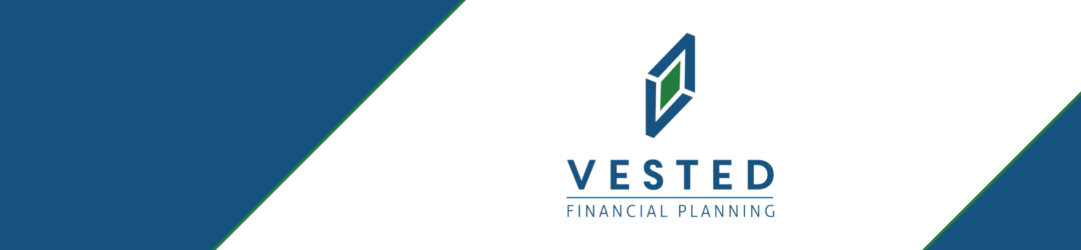 Vested Financial Planning logo with a blue geometric icon and text, set on a white background with diagonal blue and green borders.