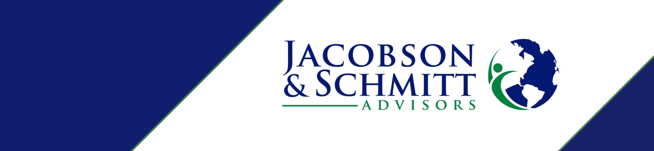 Logo for Jacobson & Schmitt Advisors with blue text and a globe graphic featuring a stylized person. The background is divided diagonally with blue and white sections.
