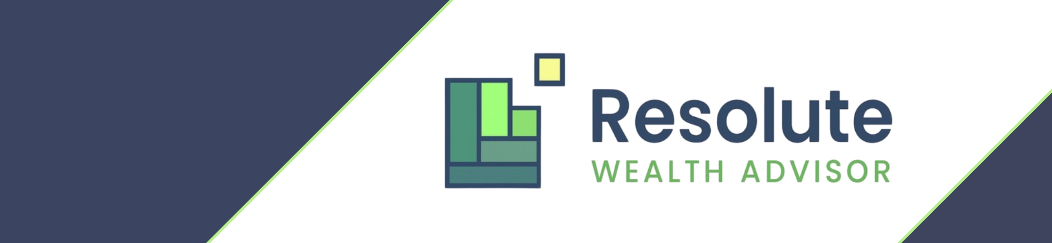Logo for Resolute Wealth Advisor. The design features geometric green shapes forming a square with a small yellow square above it, next to the company name in blue and green text on a white and navy background.