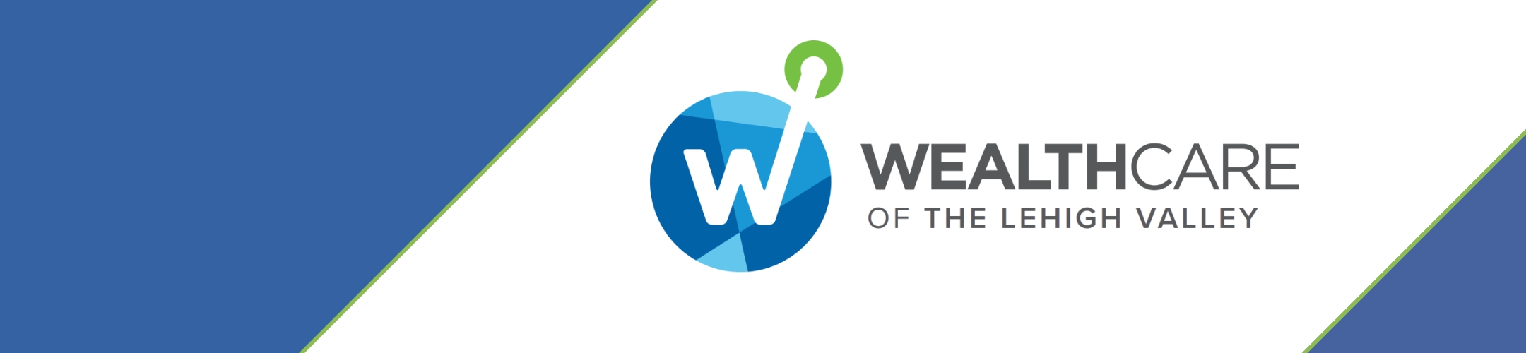 Logo for WealthCare of the Lehigh Valley featuring a blue geometric circle with a white 