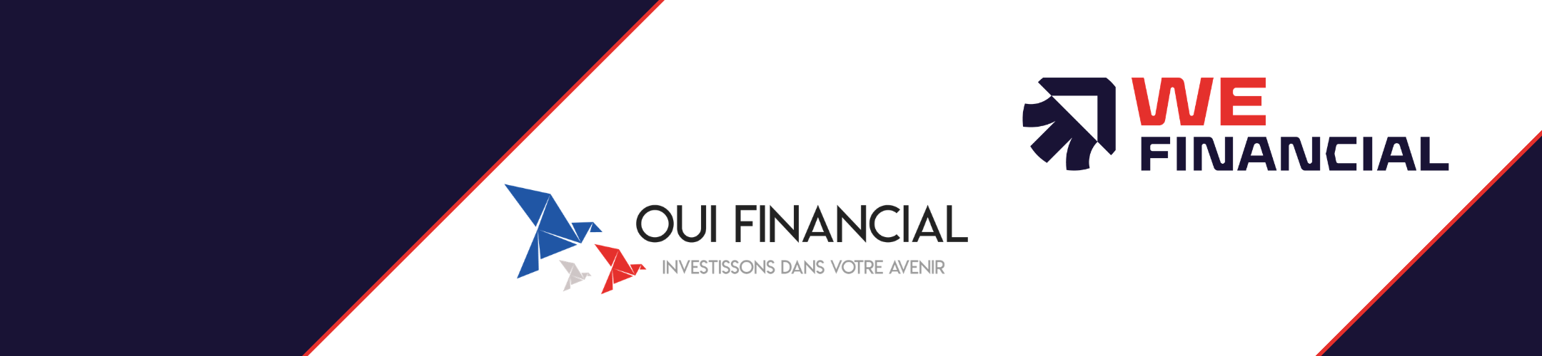 Split image: left side shows “OUI FINANCIAL” with French text and bird logo; right side shows “WE FINANCIAL” with a simplified bird logo in blue and red tones, separated by diagonal lines.