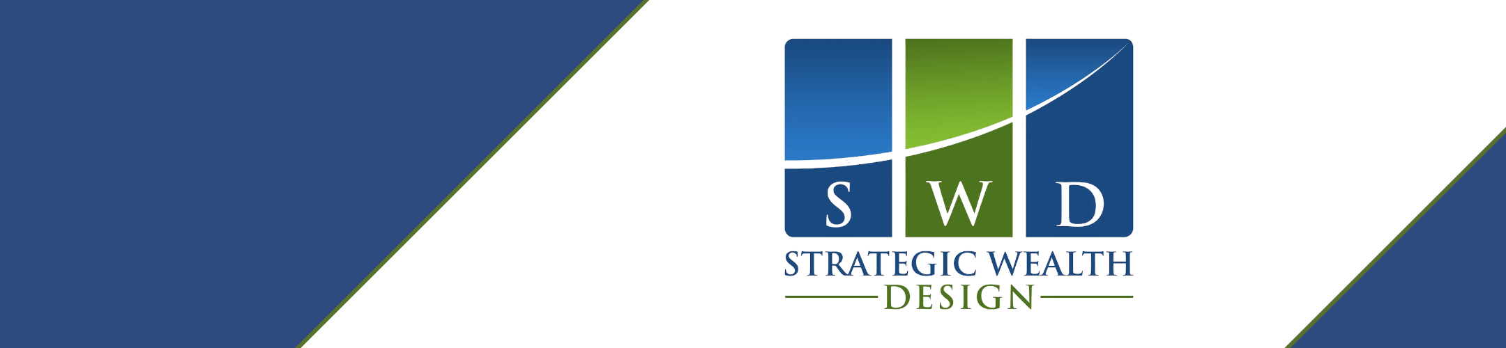 Logo for Strategic Wealth Design, featuring the letters S, W, and D centered in blue and green rectangular blocks with a curved line sweeping across them.