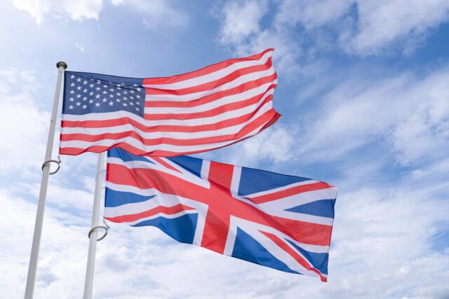US and UK flags flying together against a blue sky, representing cross-border financial planning for British expats in the United States